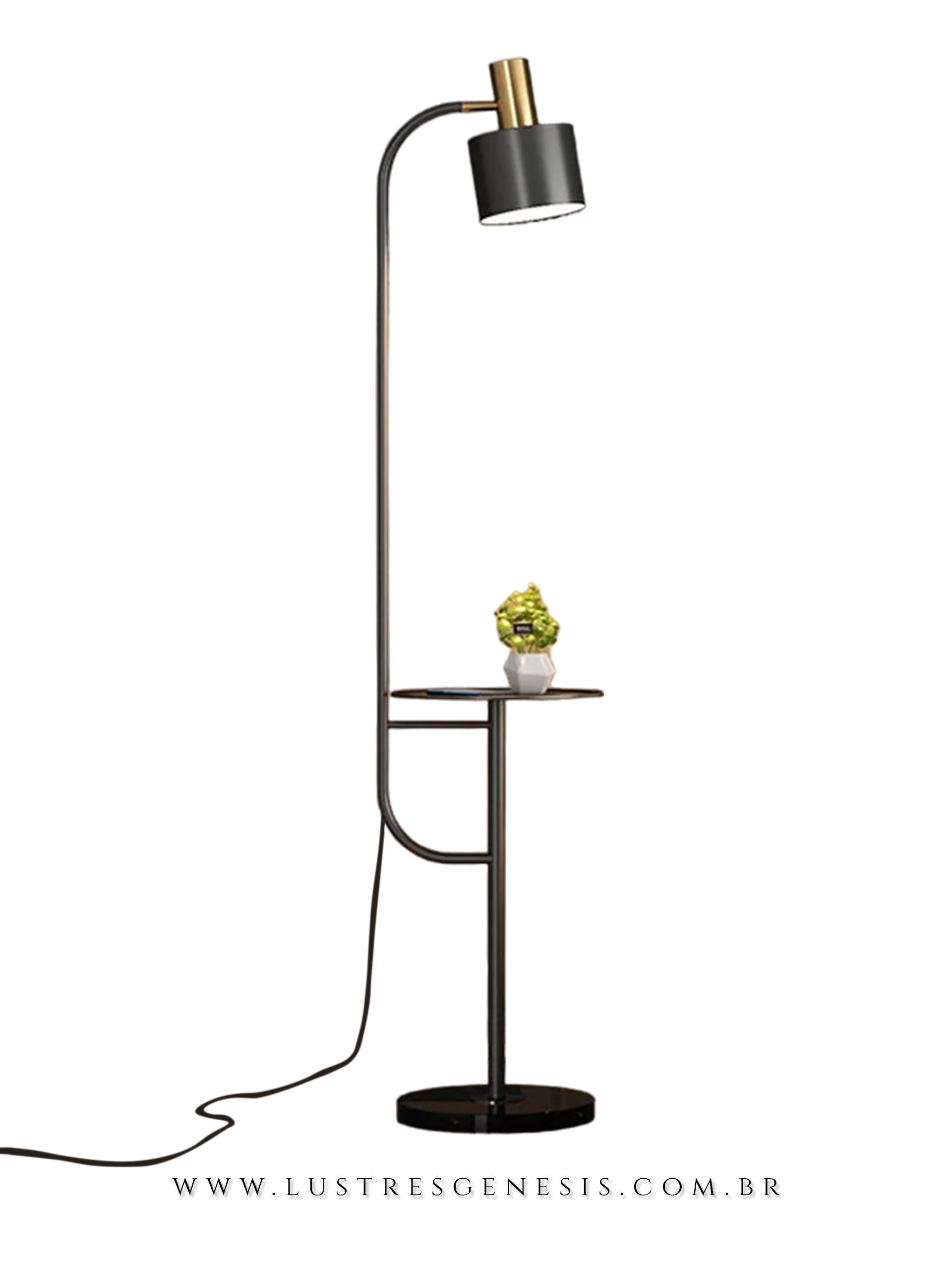 Luminária de coluna Deva preta com mesa acoplada e decoração de vaso pequeno, ideal para ambientes modernos.